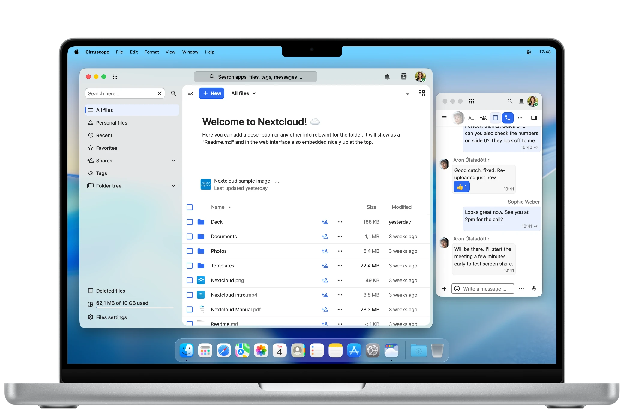 Cirruscope on a MacBook showing Nextcloud Files alongside a Talk conversation